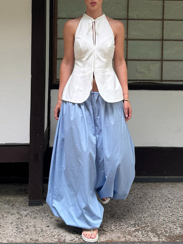 1751606 Pantaloni alla caviglia in tinta unita pieghettati con coulisse a vita alta elasticizzata