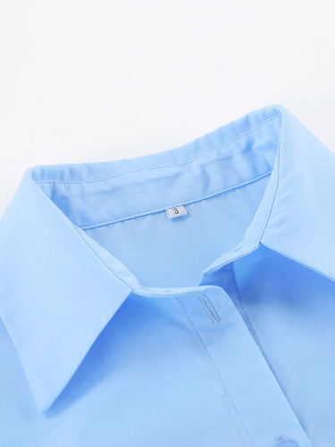 1742193 Long Sleeves Loose Buttoned Solid Color Split-Joint Twist Lapel Mini Dresses Shirt Dress