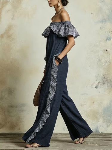 1786041 High Waisted Loose Contrast Color Plaid Pockets Ruffled Off-The-Shoulder Jumpsuits