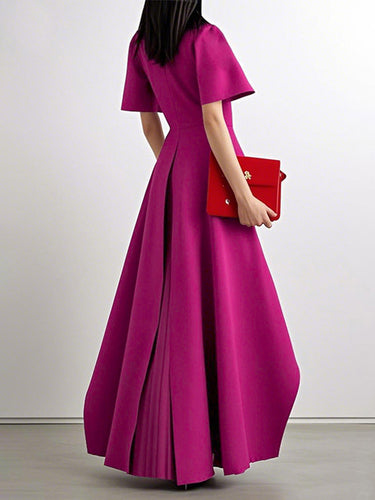A-Line High Waisted Pleated Solid Color Split-Joint Round-Neck Maxi Dresses