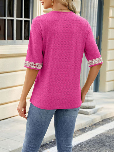 1499257 Loose Short Sleeves Contrast Color Hollow Split-Joint V-Neck T-Shirts Tops