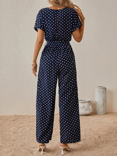 1763725 High Waisted Ninth Pants Contrast Color Polka-Dot Split-Joint Tied Waist Round-Neck Jumpsuits