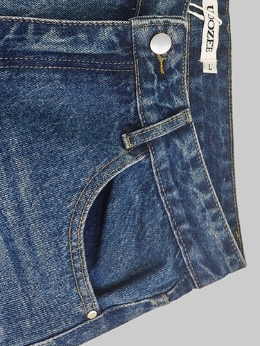1738913 Hoch taillierte Jeanshose mit weitem Bein und kontrastfarbenen Fransen