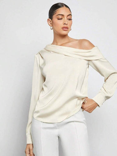 1728942 Long Sleeves Skinny Pleated Solid Color Split-Joint One-Shoulder Blouses&Shirts Tops