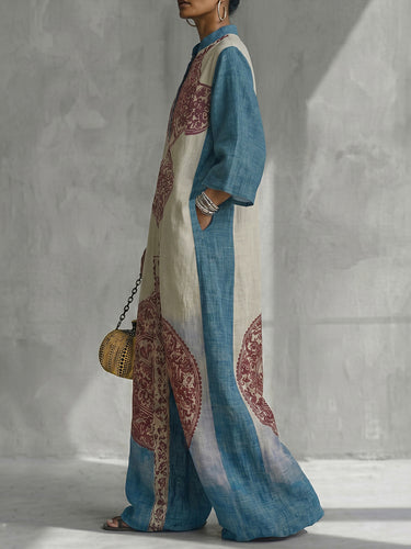 Losse driekwart mouwen, contrasterende kleuren, etnisch bedrukte zakken, V-hals jumpsuits