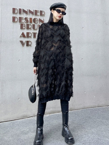 1721430 Irregularity Long Sleeves Asymmetric Mesh Pockets See-Through Solid Color Split-Joint Tasseled Stand Collar Midi Dresses