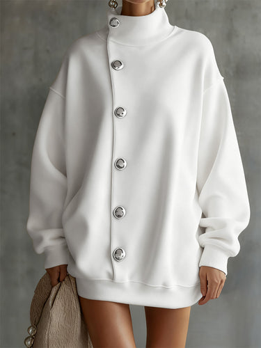 Langärmliges, lockeres, geknöpftes, einfarbiges, hochgeschlossenes Minikleider-Sweatshirt mit geteilten Nähten