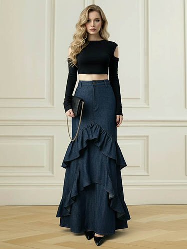 Bodycon High Waisted Ruffled Solid Color Split-Joint Skirts Bottoms