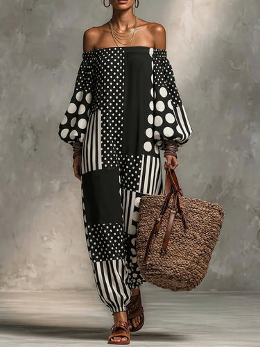 Long Sleeves Puff Sleeves Contrast Color Elasticity Polka Dot Split-Joint Striped Off-The-Shoulder Jumpsuits