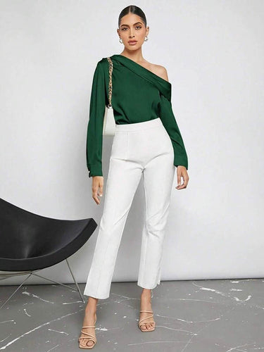 1728963 Long Sleeves Skinny Pleated Solid Color Split-Joint One-Shoulder Blouses&Shirts Tops