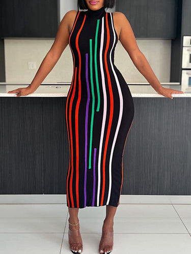 Vestidos midi de cuello alto de color de contraste de cintura alta con cintura