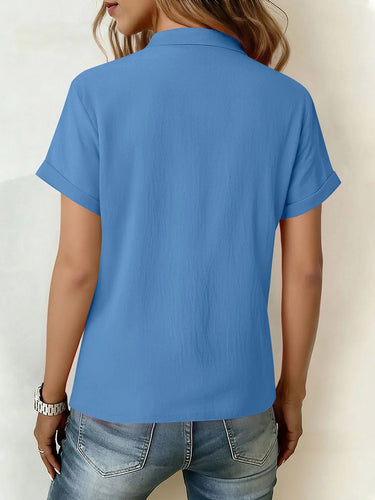 1774789 Loose Short Sleeves Buttoned Knot Ruffle Trim Solid Color V-Neck Blouses&Shirts Tops