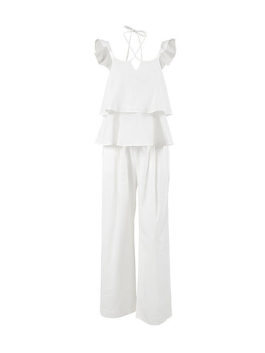 1784240 High Waisted Loose Backless Hollow Pockets Solid Color Split-Joint Halter-Neck Blouses&Shirts Tops Pants Trousers Two Pieces Set