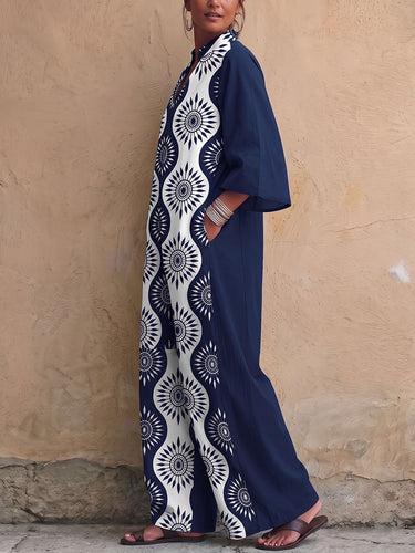 1787664 Printed Pockets Contrast Color Wide Leg Three-quarter Sleeves V-neck Jumpsuits