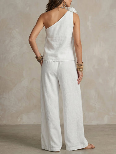 1783104 Loose Wide Leg Elasticity Pockets Solid Color Tied Pants Trousers