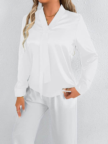 1728994 Long Sleeves Loose Solid Color Split-Joint Streamer Scarf Collar Blouses&Shirts Tops