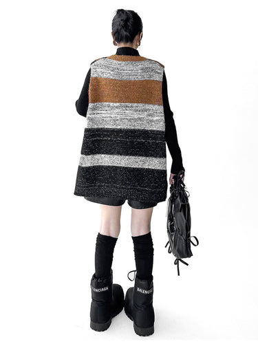 1734782 Loose Sleeveless Contrast Color Geometric Split-Joint Striped V-Neck Outerwear Vest Top