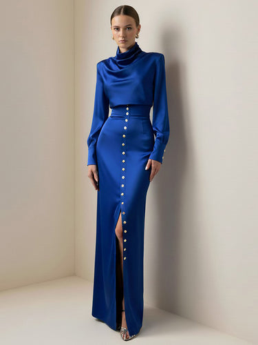 1724281 Split-Joint Heaps Collar Long Sleeves Pleated Blouses&Shirts Tops + Elasticated Waist Asymmetric Buttoned  Contrast Color Split-Side Zipper Skirts Bottoms Two Pieces Set