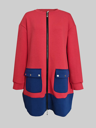 Long Sleeves Loose Contrast Color Pockets Split-Joint Zipper Round-Neck Midi Dresses
