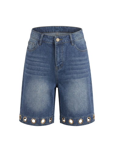 High Waisted Wide Leg Buttoned Hollow Pockets Solid Color Split-Joint Jean Pants Bottoms Shorts Bottoms