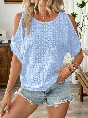 1752143 Loose Short Sleeves Solid Color Split-Joint Textured Cold Shoulder Blouses&Shirts Tops