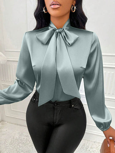 1729156 Long Sleeves Loose Bow-Embellished Pleated Solid Color Split-Joint Scarf Collar Blouses&Shirts Tops