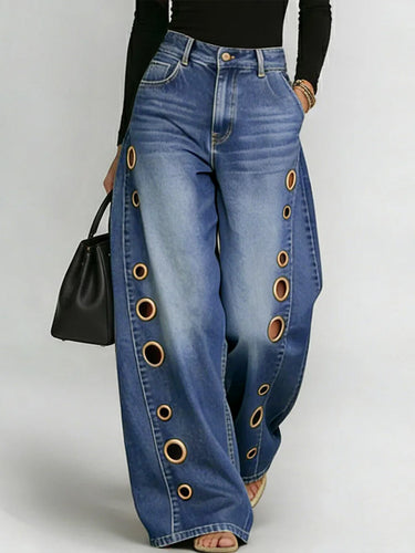 High Waisted Loose Buttoned Geometric Hollow Pockets Split-Joint Jean Pants Bottoms