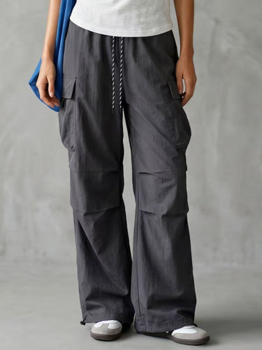 1775342 Cargo Pants Loose Drawstring Pockets Solid Color Pants