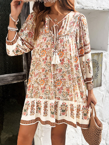 A-Line Loose Contrast Color Drawstring Flower Print Pleated Split-Joint V-Neck Mini Dresses