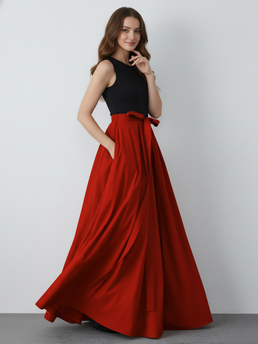 1723140 A-Line Elasticated Waist Bow-Embellished Pockets Solid Color Streamer Zipper Skirts Bottoms