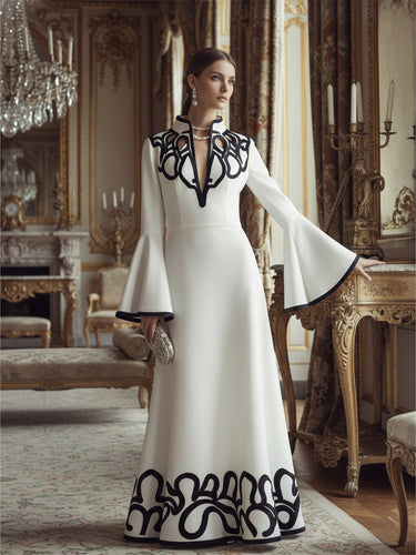 A-Line Flared Sleeves Abstract Printed Contrast Color Hollow Line Split-Joint Stand Collar Maxi Dresses