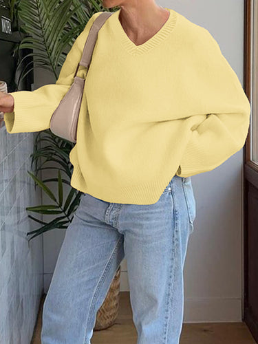 1717833 Long Sleeves Loose Ribs Solid Color V-Neck Sweater Tops
