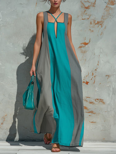 1785043 Cross-Strap Loose Backless Contrast Color Pockets Split-Joint Square-Neck Maxi Dresses