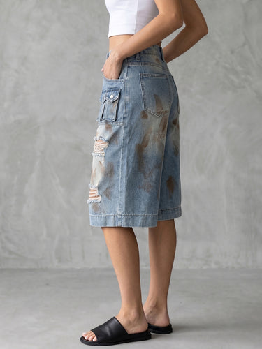 1777893 Cropped High Waisted Buttoned Hollow Pockets Split-Joint Jean Pants Bottoms