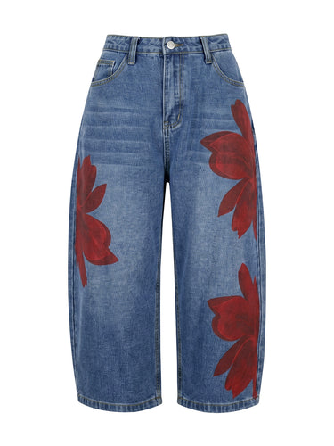 Pantalones vaqueros holgados con pierna ancha y estampado de flores, sin cinturón, bolsillos, pantalones noveno