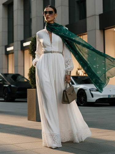 A-Line High Waisted Belted Buttoned Hollow Pleated Pockets Solid Color Split-Joint Stand Collar Maxi Dresses Shirt Dress