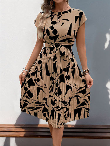 1749281 Cintura alta sem mangas abstrato impresso contraste cor plissado polka dot split-joint amarrado cintura em torno do pescoço vestidos midi