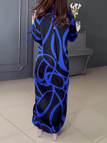 1706082 A-Line Long Sleeves Contrast Color V-Neck Maxi Dresses Shirt Dress