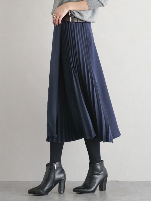 Pockets Solid Color Zipper High Waisted Loose Skirts Bottoms