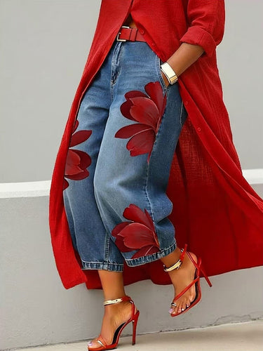 Loose Wide Leg Flower Print No Belt Pockets Jean Pants Bottoms Ninth Pants