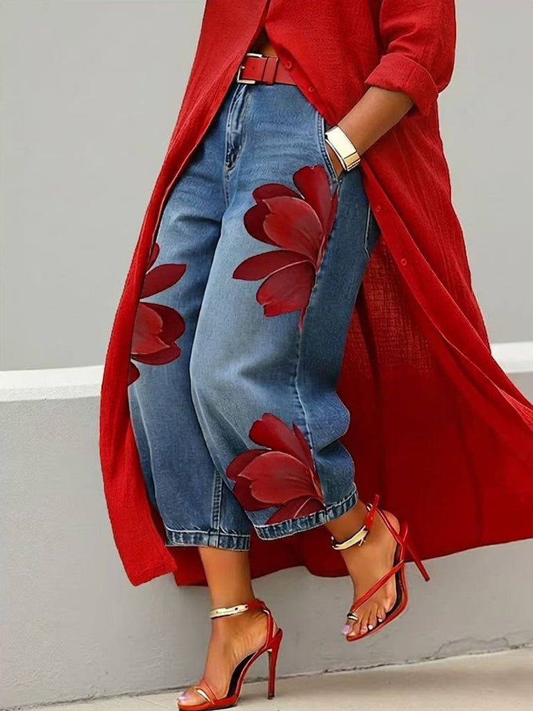 Loose Wide Leg Flower Print No Belt Pockets Jean Pants Bottoms
