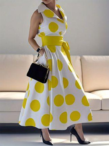 1667720 A-Line Sleeveless Polka-Dot Split-Joint Tied Waist Lapel Maxi Dresses Shirt Dress