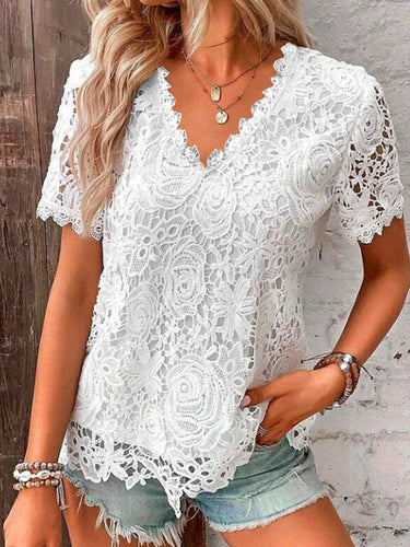 Camisetas de cuello en V de color sólido hueco de talla grande suelta