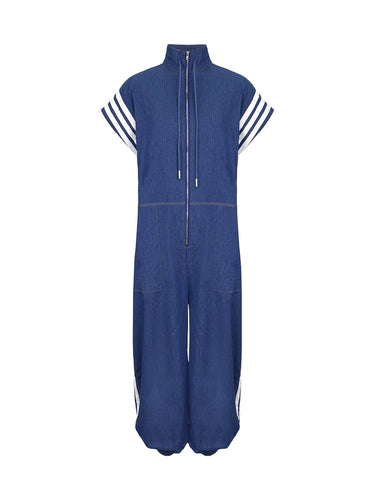 Ankle-Tied Loose Contrast Color Pockets Split-Joint Striped Zipper Stand Collar Jumpsuits