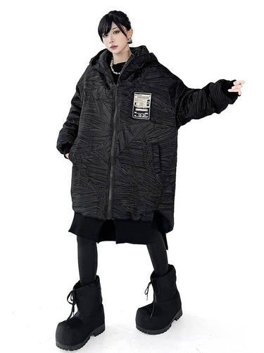 1720046 High-Low Irregularity Abstract Printed Contrast Color Split-Joint Zipper Hooded Outerwear Overcoat