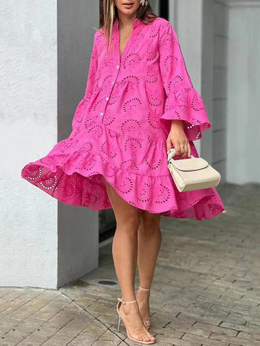 1537069 A-Line Flared Sleeves Buttoned Hollow Solid Color Split-Joint V-Neck Mini Dresses