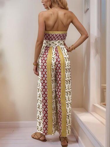 1768580 High Waisted Sleeveless Backless Contrast Color Pleated Printed Split-Joint Tied Twist Tube Jumpsuits