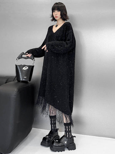 1720299 Irregularity Long Sleeves Contrast Color Sequined Shiny Split-Joint Tasseled V-Neck Midi Dresses Sweater Dresses