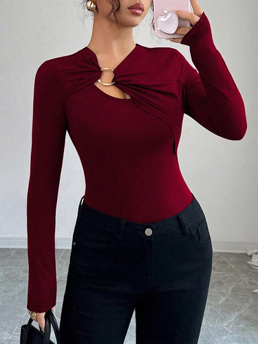 1715888 Long Sleeves Skinny Solid Color Split-Joint Asymmetric Collar T-Shirts