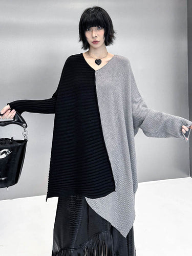 1720141 Batwing Sleeves Irregularity Asymmetric Contrast Color Split-Joint Textured V-Neck Sweater Tops